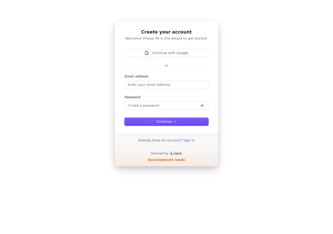 Sign up page